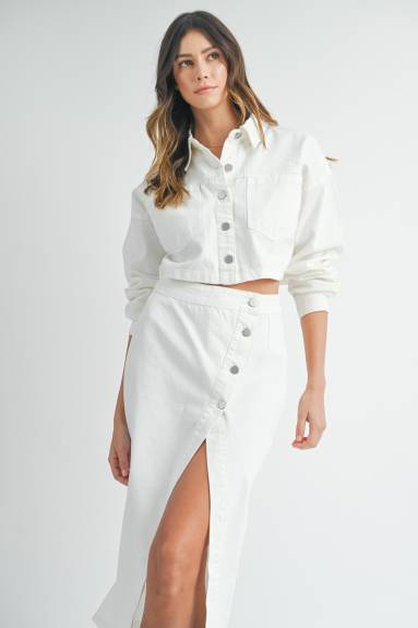 Evercado - White Denim Crop Jacket and Slit Skirt Set