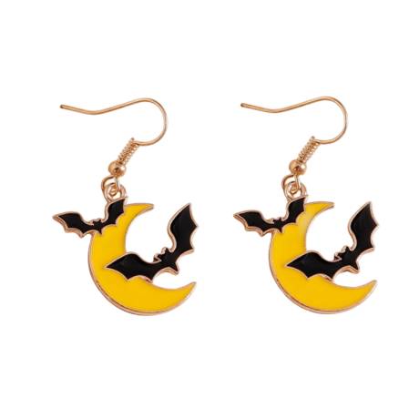 Goldtone Yellow Moon & Black Flying Bats Drop Earrings- Don't AsK