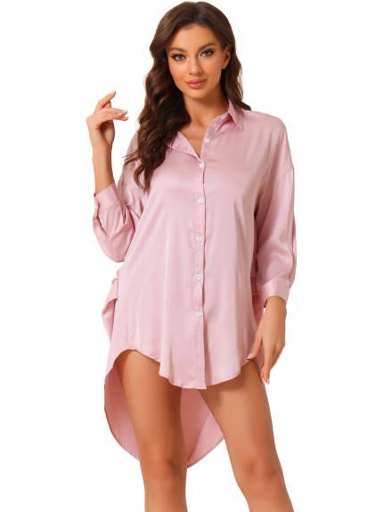 cheibear - Button Down Shirt Dress Satin Nightgown