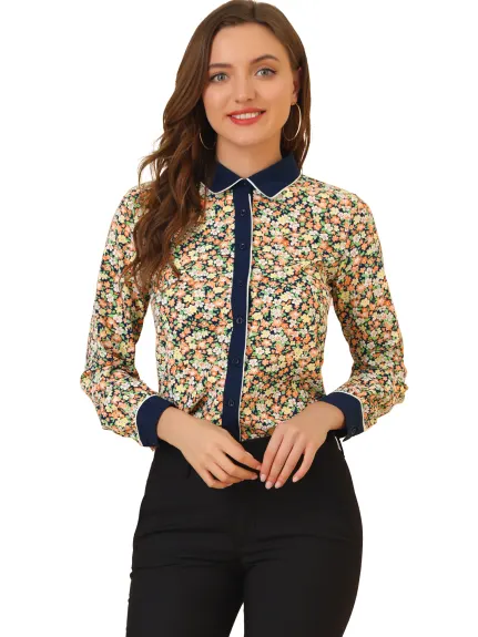 Allegra K- Chemise boutonnée florale de couleur contrastée