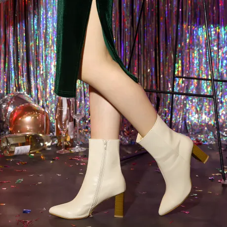Allegra K - Side Zip Pointed Toe Block Heels Ankle Boots