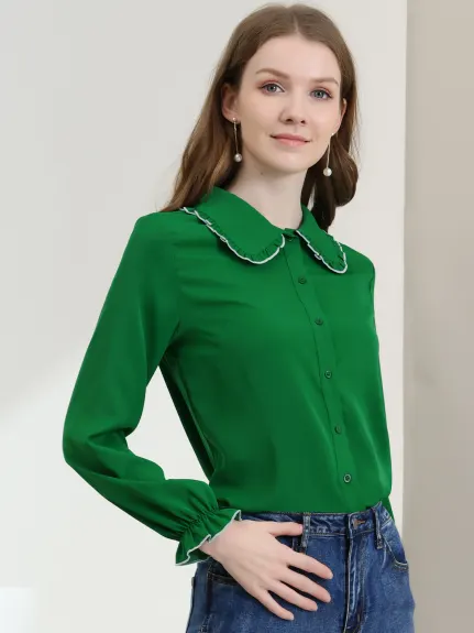 Allegra K- Long Sleeve Ruffle Peter Pan Collar Shirt
