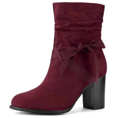 Allegra K - Slouchy Chunky Heel Bow Tie Ankle Boots