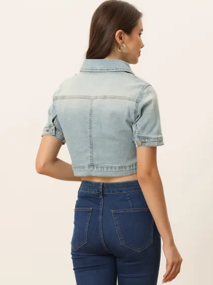 Allegra K- Veste en jean courte à manches courtes