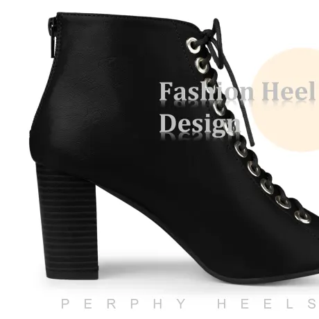 Allegra K - Lace Up Chunky Heel Peep Toe Ankle Boots