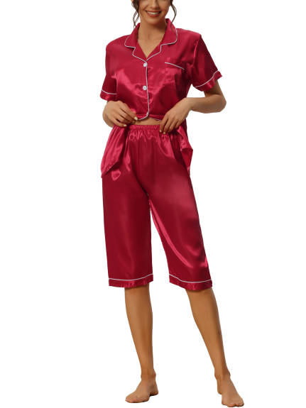 cheibear - Lounge Tops and Capri Pants Satin Pajama Sets