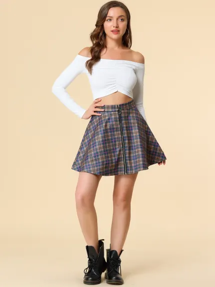 Allegra K- Mini-jupe évasée trapèze zippée à carreaux