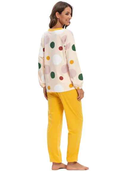 cheibear - Long Sleeve Printed Top and Pants Pajama Set
