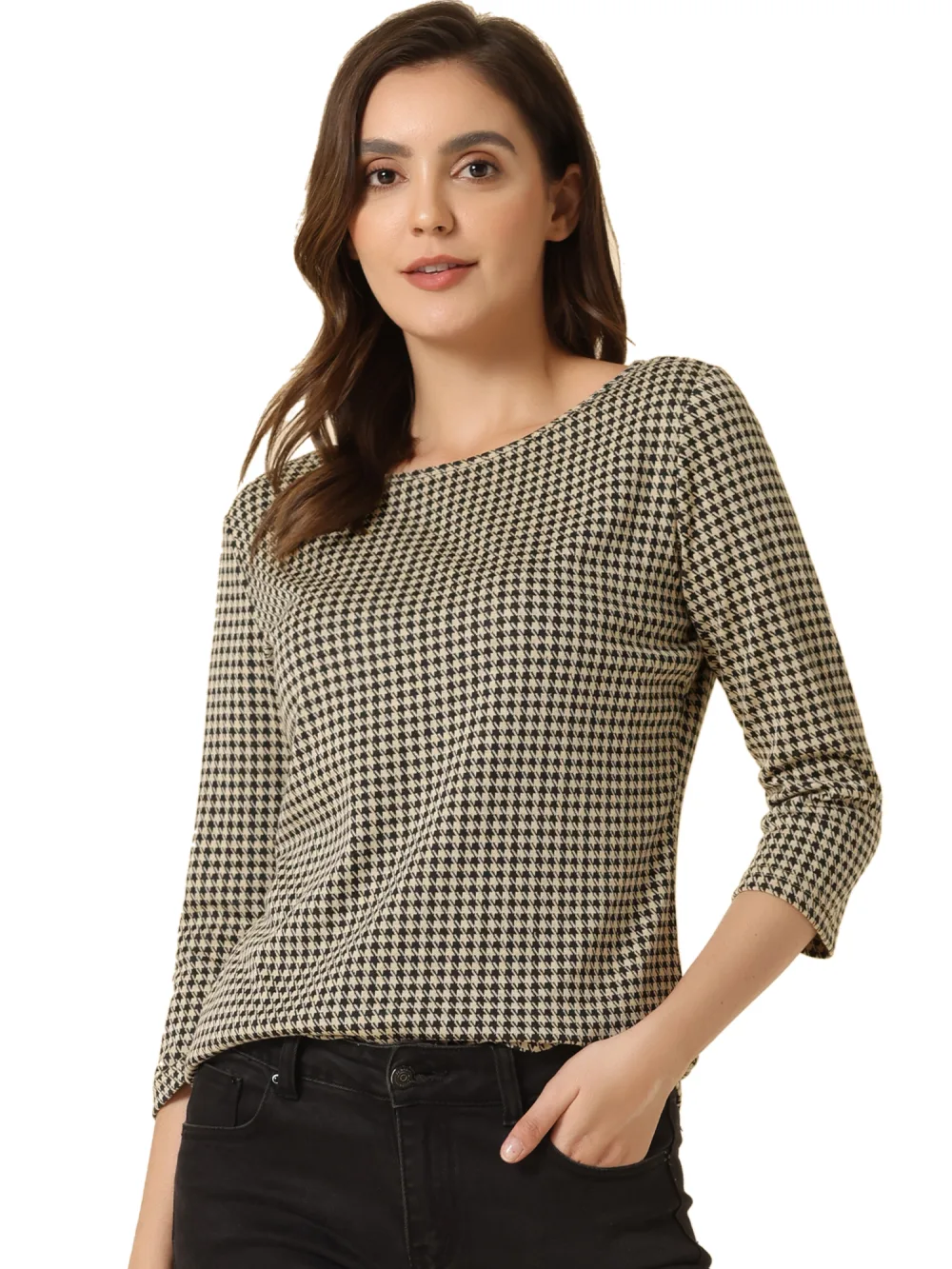 Allegra K- Houndstooth Plaid Top 3/4 Sleeve Boat Neck Blouse