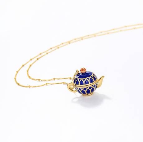Goldtone Vintage Blue Teapot Pendant Necklace - Don't AsK