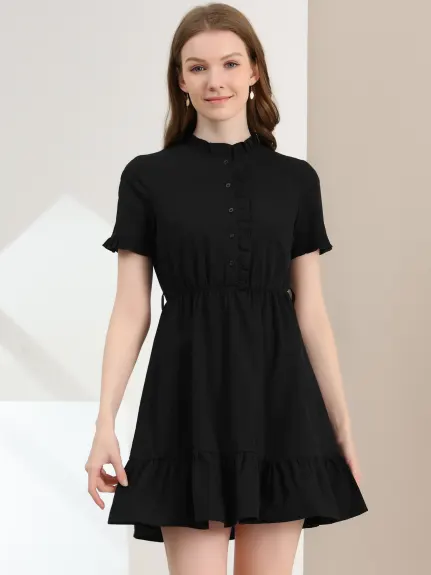Allegra K- Cotton Fit and Flare Belted Button Front Ruffled Dress