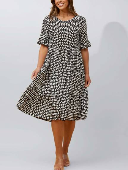 Vanessa Midi Dress A-Line Polka Dot Tiered Skirt
