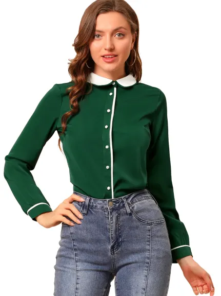 Allegra K- Contrast Button Down Shirt Peter Pan Collar Blouse