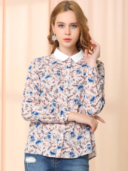 Allegra K- col contrasté haut boutonné chemise manches longues travail Blouse florale