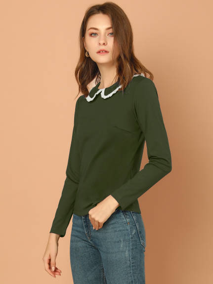 Allegra K- Peter Pan Collar Blouse Basic Knit T-Shirt Long Sleeve Shirt