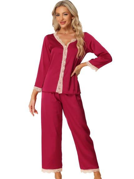 cheibear - Lace Trim Satin Pajama Sets