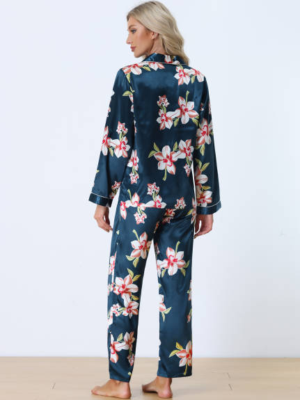 cheibear - Satin Silky Floral Printed Button Sleepwear Set
