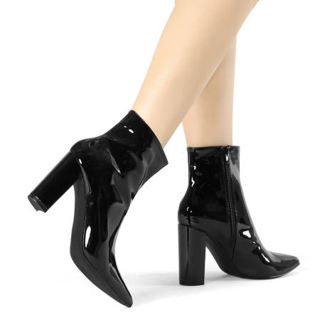 Allegra K - Pointed Toe Zip Chunky Heels Ankle Boots
