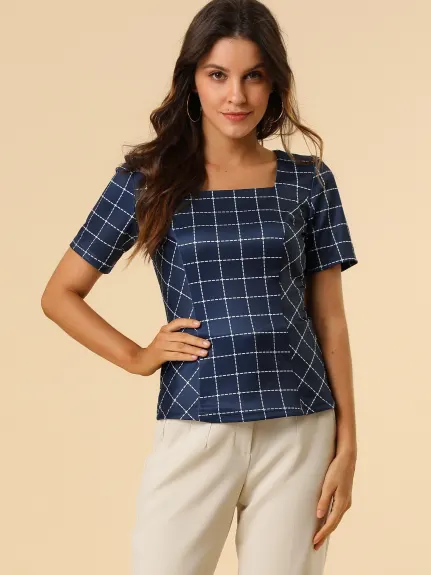 Allegra K- Square Neck Check Top Stretchy Plaid Short Sleeve Blouse
