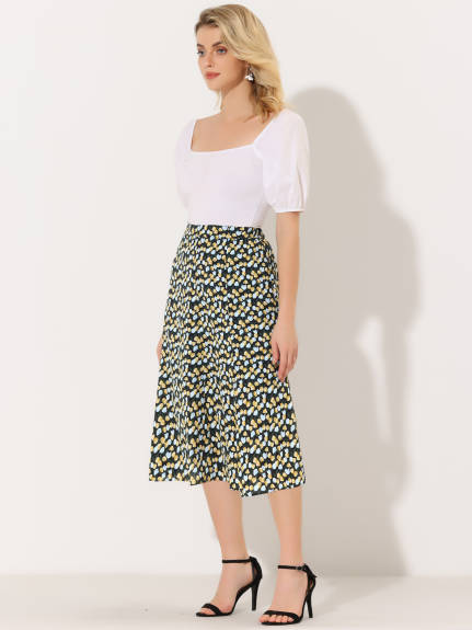Allegra K- Women's Elegant Elastic Waist A-Line Midi Leave Print Skirt