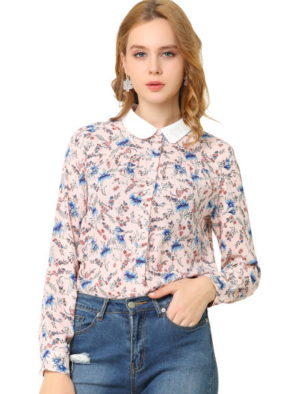 Allegra K- Contrast Collar Top Button Down Shirt Long Sleeve Work Floral Blouse