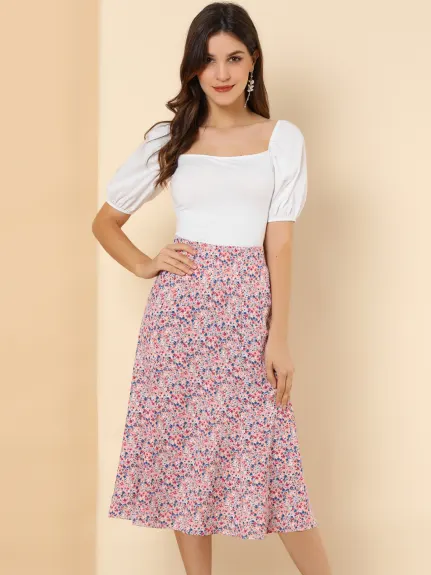 Allegra K- Elegant Elastic Waist A-Line Midi Leave Print Skirt