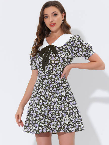 Allegra K- Floral Bow Tie Short Sleeve Shirt Dress