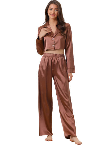 cheibear - Chemise boutonnée courte en satin Pantalon long Vêtements de nuit