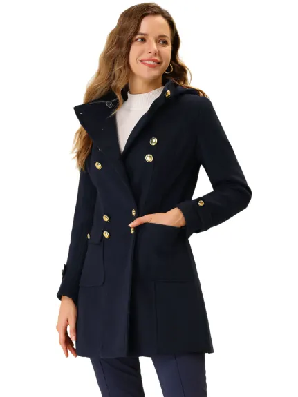 Allegra K- Stand Collar Double Breasted Hoodie Outerwear Coat