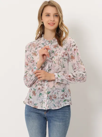 Allegra K- Floral Long Sleeve Button Down Chiffon Shirt