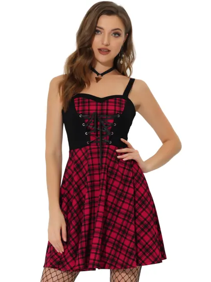 Allegra K- Plaid Lace-Up Gothic Sleeveless Tartan Mini Dress