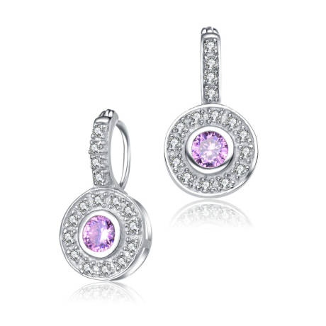 Rachel Glauber White Gold Plated Round Dangle Earrings with Pink Cubic Zirconia