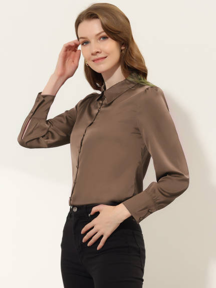 Allegra K- Satin Blouse Puff Sleeve Point Collar Dressy Vintage Button Up Shirt