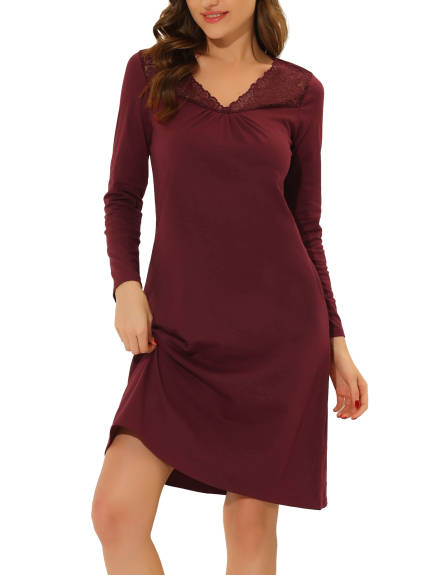 cheibear - Lace Trim Lounge Long Sleeve Nightgown
