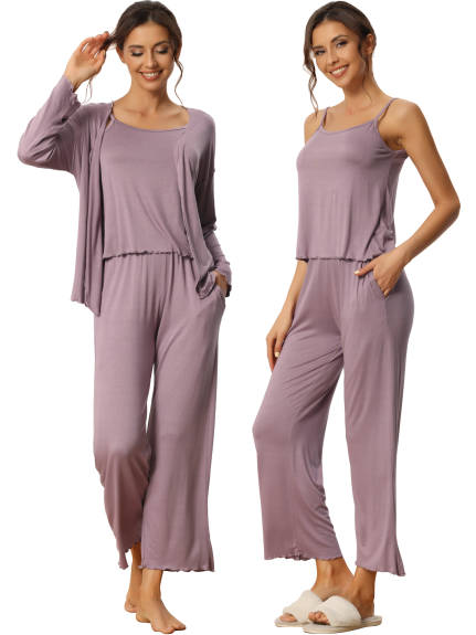 cheibear - 3Pcs Solid Color Tops and Pants Sleepwear Set