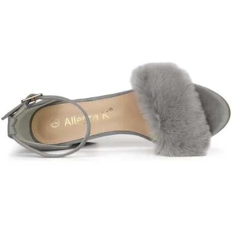 Allegra K - Faux Fur Strap Block Heels Sandals