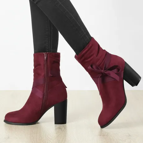 Allegra K - Slouchy Chunky Heel Bow Tie Ankle Boots