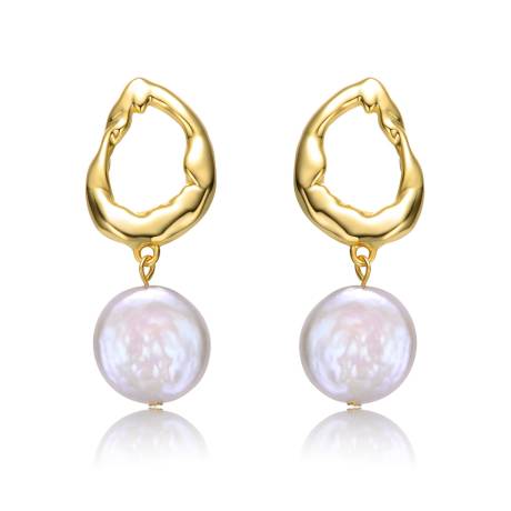 Genevive Sterling Silver 14k Yellow Gold Plated with White Coin Pearl Twisted Halo Circle Dangle Drop Earrings