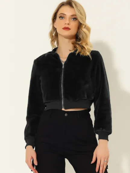 Allegra K- Faux Fur Long Sleeve Zipper Up Crop Jacket