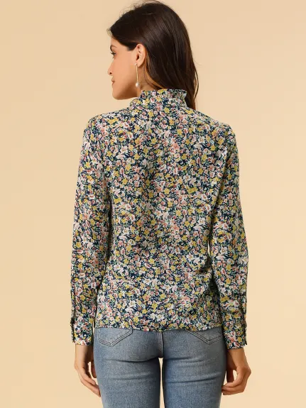 Allegra K- Floral Ruffle Stand Collar Long Sleeve Shirt