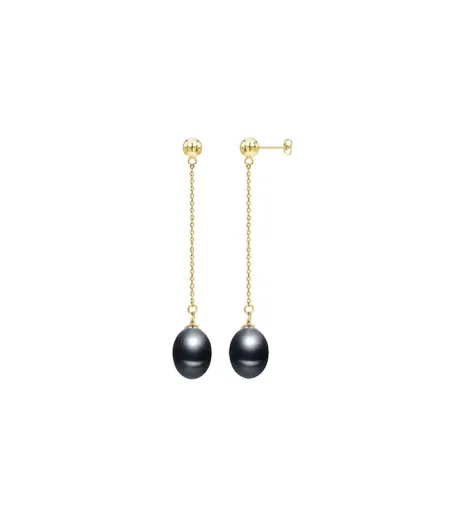 Boucles d'oreilles pendantes en doré avec chaîne et perles de culture d'eau douce noires  - Signature Pearls