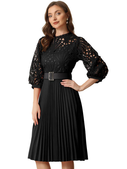 Allegra K- 3/4 Sleeves Belted Pleated Lace Dresse