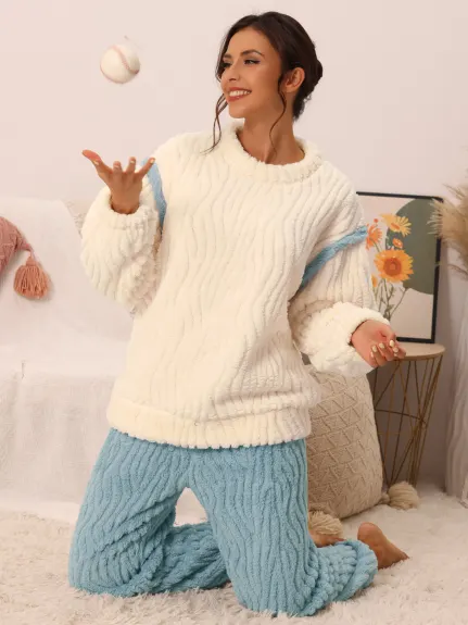 cheibear - Fluffy Fleece Pullover Winter Sleepwear Set
