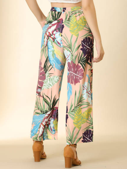 Allegra K- Pantalon de plage à jambe large et cordon de serrage à fleurs