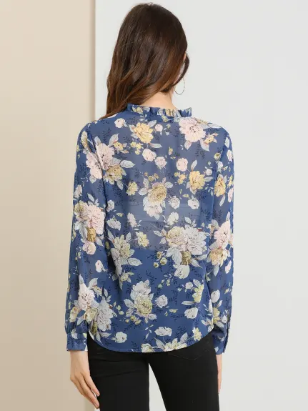 Allegra K- Floral Button Down Long Sleeve Chiffon Shirt
