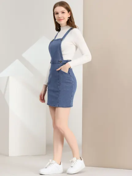 Allegra K- Overall Adjustable Strap A-Line Suspender Denim Dress