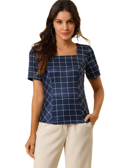 Allegra K- Square Neck Check Tops Stretchy Plaid Office Short Sleeve Blouse