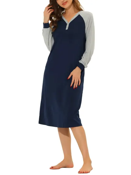 cheibear - Sleepshirt with Pockets Long Sleeves Nightgown