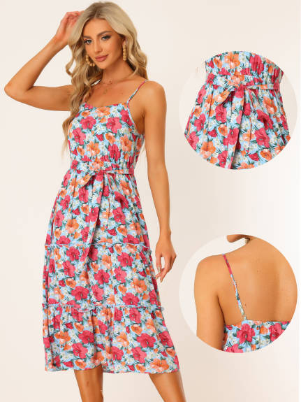Allegra K- Summer Sleeveless Floral Belted Adjustable Strap Dress