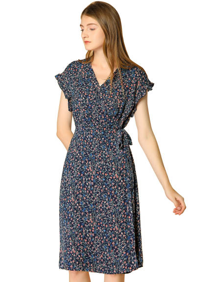 Allegra K- Floral Ruffle Sleeve Belted Midi Dress